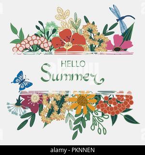 Belle Affiche de l'été Hello Floral avec fleurs, feuilles, papillon, libellule. Illustration de Vecteur