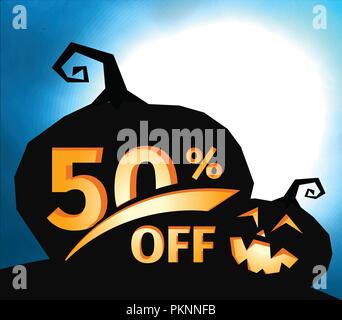 Silhouette citrouille sur sombre ciel bleu avec la pleine lune. De 50  % sur l'Halloween, vente bannière. Offre de vacances, l'automne d'illustration vectorielle d'escompte. Illustration de Vecteur