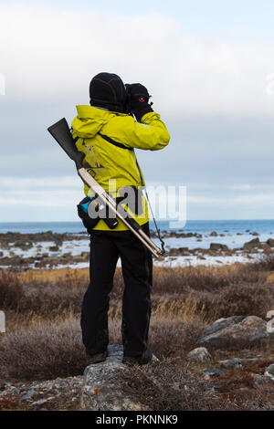 Un guide à partir de la rivière Seal Heritage Lodge balaie l'horizon du Manitoba, Canada. Il est à l'affût de la faune polaire et d'autres. beras Banque D'Images