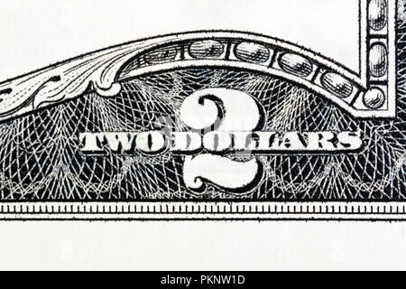 Deux dollars, super macro shot. Photo haute résolution. Banque D'Images