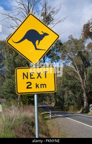 Kangaroo panneau d'avertissement suivante 2 km plus loin, l'arrière-pays australien Banque D'Images