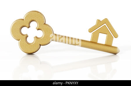 L'icône maison connecté à gold key. 3D illustration. Banque D'Images