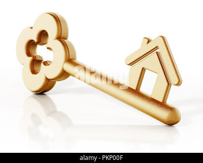 L'icône maison connecté à gold key. 3D illustration. Banque D'Images