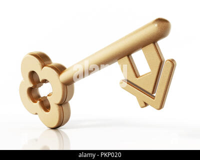 L'icône maison connecté à gold key. 3D illustration. Banque D'Images