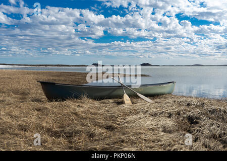 Canoë sur l'océan Arctique avec les pingos dans le fond près de Tuktoyaktuk, Territoires du Nord-Ouest, Canada. Banque D'Images