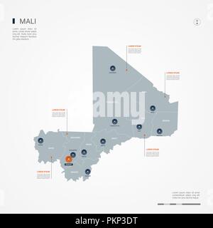 Carte du Mali avec des frontières, des villes, des capitaux et des divisions administratives. Infographie carte vectorielle. Couches modifiables clairement étiquetés. Illustration de Vecteur