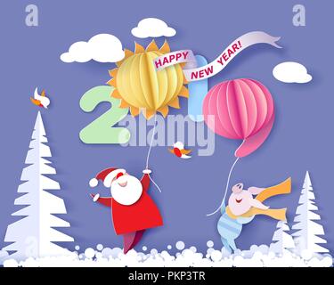 Coupe papier de couleur et de l'artisanat design paysage d'hiver avec l'arbre, le Père Noël et le cochon. Maison de vacances de Noël 2019 la nature et design. Vector illustration. Joyeux Noël carte. Illustration de Vecteur