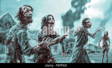 Foule marcher contre zombies burning city en toile de fond. Illustration en genre de l'horreur. Banque D'Images