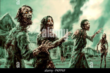 Foule marcher contre zombies burning city en toile de fond. Illustration en genre de l'horreur. Banque D'Images
