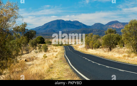 Paysage australien colorés avec route conduisant à travers les forêts et les herbes d'or à des pointes de Warrumbungle National Park s'élevant dans le ciel bleu dans le NSW Banque D'Images