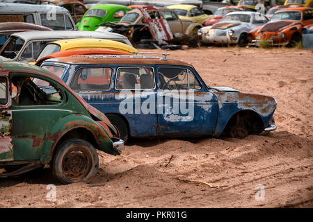 La rouille vieux Volkswagen Beetles dans un parc à ferrailles dans Moab, Utah, USA Banque D'Images