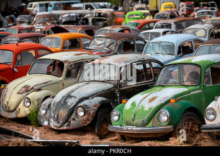 La rouille vieux Volkswagen Beetles dans un parc à ferrailles dans Moab, Utah, USA Banque D'Images