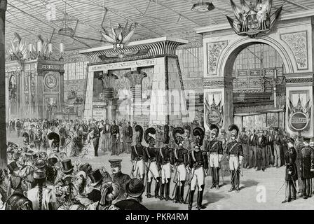 Estados Unidos. Exposición Universal de Filadelfia, 1876. Inaguración de la exposición el dia 10 de mayo. El Presidente Ulysses Grant, su señora y los emperadores del Brasil, visitando las instalaciones en el Bâtiment principal. La gravure. La Ilustración Española y Americana, 8 de junio de 1876. Biblioteca Histórico Militar de Barcelone. Islas Baleares, España. Banque D'Images