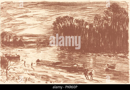 Rives du Loing près de Saint-Mammes (Bords du Loing, prés Saint-Mammes). En date du : 1896. Technique : lithographie en brun foncé. Musée : National Gallery of Art, Washington DC. Auteur : Alfred Sisley. Banque D'Images