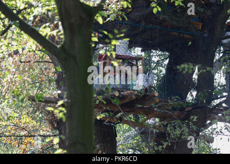 Kerpen, Allemagne. 14Th Sep 2018. Close-up de l'un des maisons dans les arbres. Jour 2 de l'expulsion de militants des territoires forestiers Hambach par la police anti-émeute a vu d'autres maisons dans les arbres détruits et les militants détenus ainsi qu'une deuxième manifestation de partisans. La forêt de Hambach est censée être effacée, pour faire place à l'extension de la mine de lignite par par la compagnie d'électricité allemande RWE et a été occupé par les écologistes depuis plusieurs années, vivant dans des maisons dans les arbres. Crédit : Michael Debets/Pacific Press/Alamy Live News Banque D'Images