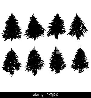 Jeu de silhouettes de sapins. Grunge noir les arbres de Noël. Aquarelle sapins isolé sur fond blanc. Vector illustration. Illustration de Vecteur