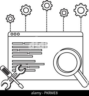 Site web du programme et les grandes lignes de code loupe avec des équipements Illustration de Vecteur