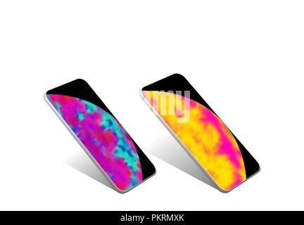 Deux smartphones, téléphone mobile, gadget, isolé avec l'ombre. Image stylisée de la terre et le soleil. Illustration de Vecteur