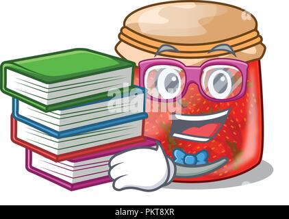 Livre élève avec la confiture de fraise verre isolé sur cartoon Illustration de Vecteur