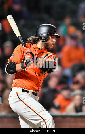 San Francisco, Californie, USA. 14Th Sep 2018. L'arrêt-court des Giants de San Francisco Brandon Crawford (35) à la batte lors de la MLB match entre les Rockies du Colorado et les Giants de San Francisco à AT&T Park à San Francisco, Californie. Chris Brown/CSM/Alamy Live News Banque D'Images