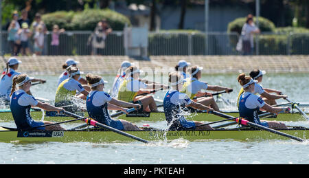 Plovdiv, Bulgarie, samedi, 15 septembre 2018. Championnats du monde d'Aviron de la FISA, une Finale, USA,W4- Crew, Bow, Madeleine WANAMAKER, Erin BOXBERGER, Molly Bruggeman et Erin REELICK, remportant la médaille d'or pour les USA dans le Quatre sans barreur, Â© Peter SPURRIER, Crédit : Peter SPURRIER/Alamy Live News Banque D'Images