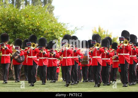 Worcester, Worcester, Royaume-Uni. 15 septembre 2018. La bande de les Grenadier Guards mars à la tenue en service Comment Vibre Gheluvelt Park, Worcester. Peter Lopeman/Alamy Live News Banque D'Images