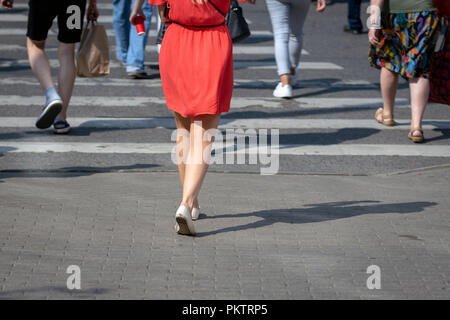 Lors d'une journée ensoleillée, les piétons traversent la rue à travers un passage pour piétons. Il y a des ombres dans la rue piétonne. Vue depuis l'arrière. Banque D'Images