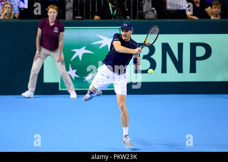 La société britannique Jamie Murray en action lors de la deuxième journée de la Coupe Davis au Emirates Arena, Glasgow. ASSOCIATION DE PRESSE Photo. Photo date : Samedi 15 septembre 2018. Voir l'histoire de la Coupe Davis de tennis de PA. Crédit photo doit se lire : Ian Rutherford/PA Wire. RESTRICTIONS : usage éditorial uniquement, pas d'utilisation commerciale sans autorisation préalable Banque D'Images