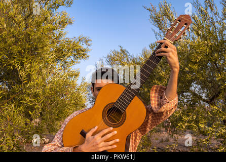 Le guitariste de flamenco. Jeune homme jouant la guitare classique espagnole ou dans un champ d'oliviers au coucher du soleil et à la recherche à l'appareil photo. Banque D'Images