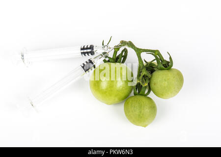 Petites tomates vert raisin à seringue. Les aliments biologiques, non Concept organisme génétiquement modifié. Sur fond blanc. Place d'écrire Banque D'Images