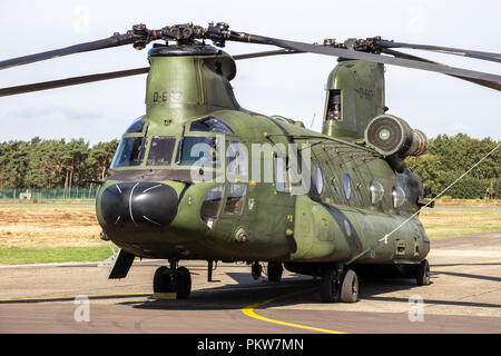 KLEINE BROGEL, BELGIQUE - SEP 8, 2018 : Royal Netherlands Air Force Boeing CH-47D Chinook transport helicopter sur le tarmac de la base aérienne d'Oostende. Banque D'Images