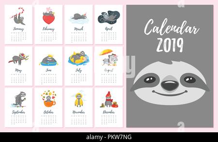 L'année 2019 Calendrier mensuel sloth Illustration de Vecteur