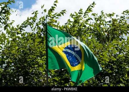 Drapeau du Brésil dans le vent. Banque D'Images