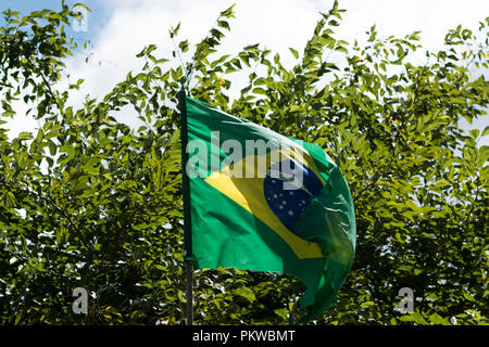 Drapeau du Brésil dans le vent. Banque D'Images