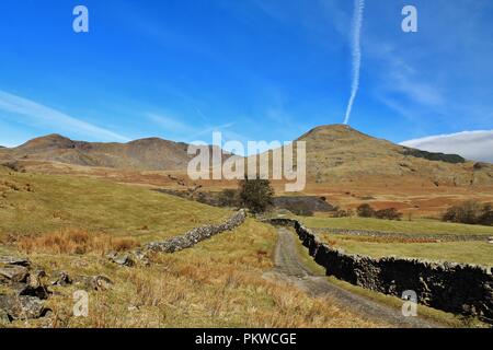 UK, Torver, Coniston. Vue vers Coniston le vieil homme et Dow Crag dans le Lake District. Banque D'Images