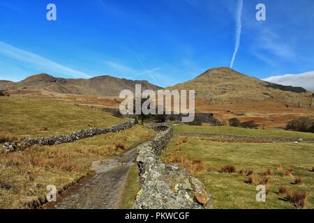 UK, Torver, Coniston. Vue vers Coniston le vieil homme et Dow Crag dans le Lake District. Banque D'Images