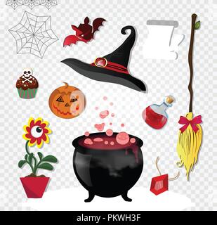 Cartoon halloween rouge ensemble de divers objets de sorcellerie isolé sur fond transparent. Vector clip art, icônes, éléments de magie sorcellerie. Po Illustration de Vecteur