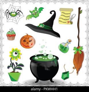Accessoires vert sorcière vector set. Chapeau pointu, chaudron, citrouille, balai, chauve-souris, araignée, une bouteille de potion, plant, cupcake, spell scroll, amulet isola Illustration de Vecteur