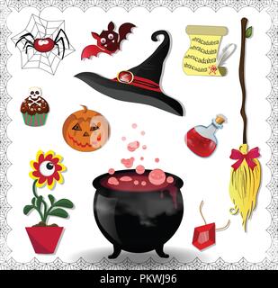 Cartoon halloween rouge ensemble de divers objets de sorcellerie isolé sur fond blanc. Vector clip art, icônes, éléments de magie sorcellerie. Pot, bro Illustration de Vecteur