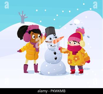 Heureux les enfants jouant avec bonhomme de neige. Funny little rif en promenade dans l'hiver à l'extérieur. Bâtiment enfants bonhomme de neige jeux en plein air aux beaux jours d'hiver enneigé. Plein air sur vacances de Noël. Vector Illustration de Vecteur