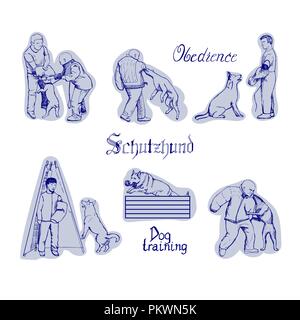 Dog sport vector illustration. Schutzhund croquis formation. Les hommes former des chiens. Illustration de Vecteur