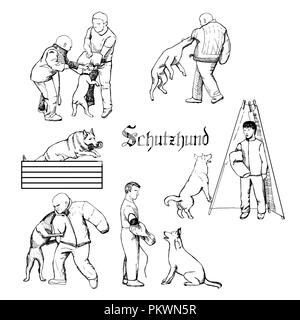 Chien de travail croquis. Schutzhund chien formation sport illustration. Hand drawn dog trainers en action. Chien d'équipements sportifs. Illustration de Vecteur