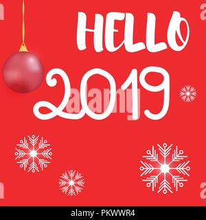 Vector illustration. Inscription bonjour 2019 et flocons sur fond rouge Illustration de Vecteur