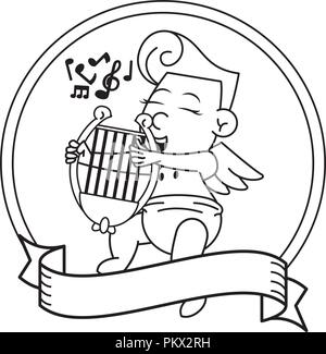 Cupidon avec harpe sur l'emblème ronde en noir et blanc Illustration de Vecteur