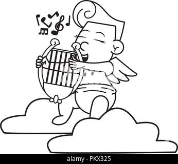 Cupidon sur le cloud avec harpe en noir et blanc Illustration de Vecteur