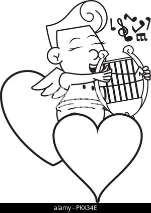 Cupidon sur coeurs avec harpe en noir et blanc Illustration de Vecteur