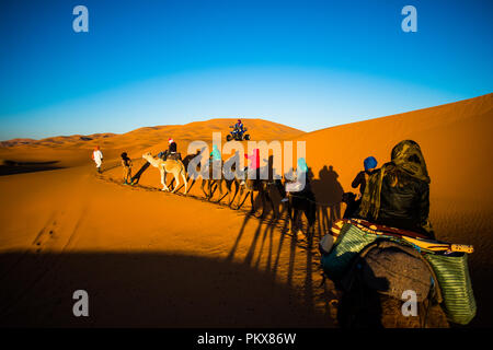 Sahara, Maroc - 10 novembre 2017 : prise de vue au grand angle de touristes chameaux en caravane dans les dunes de sable du désert du Sahara Banque D'Images