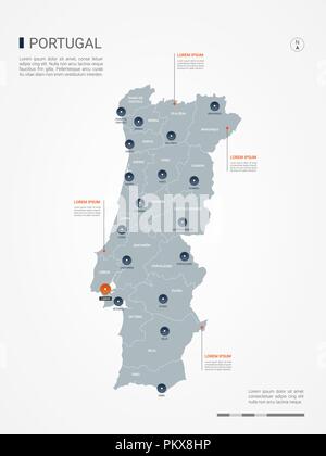 Carte du Portugal avec des frontières, des villes, des capitaux et des divisions administratives. Infographie carte vectorielle. Couches modifiables clairement étiquetés. Illustration de Vecteur