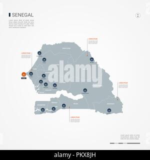 Carte du Sénégal avec des frontières, des villes, des capitaux et des divisions administratives. Infographie carte vectorielle. Couches modifiables clairement étiquetés. Illustration de Vecteur