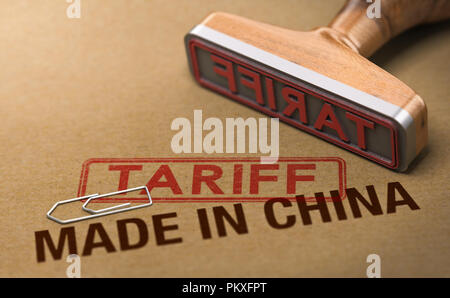 3d illustration d'un timbre en caoutchouc sur le carton de fond avec les mots fabriqués en Chine et de tarif. Concept de guerre commerciale. Banque D'Images